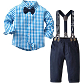 Baby Boy's 2 Pieces Tuxedo Outfit, Long Sleeves Plaids Button Down Dress Shirt with Bow Tie + Suspender Pants Set for Infant Newborn Toddlers, Blue, Tag 60 = 3 - 9 Months
