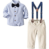 Baby Boys' Dress Clothes, Toddlers Tuxedo Outfit, Long Sleeves Vertical Stripe Button Down Shirt with Bow Tie + Suspender Pants Set Suit, W02 Blue Tag 110 = 2.5 - 3 Years