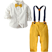 Baby Boys Dress Clothes, Toddlers Boys Long Sleeves Button Down Plaid Dress Shirt with Bowtie + Suspender Pants Set Gentlemen Outfit, Yellow, Tag 70 = 9-12 Months