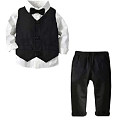 Baby Boy's Tuxedo Clothes, 3 Pieces Fall Winter Outfit, Long Sleeves Button Down Dress Shirt with Bow Tie + Vest + Pants Set Gentlemen Clothing, Black, Tag 60 = 3-9 Months