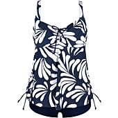 Hilor Women's Retro Drawstring Ruched Halter Floral Tankini Set Two Piece Swimsuit Navy&White 18