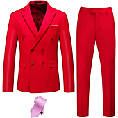 YND Men's Slim Fit 2 Piece Suit, Double-Breasted Jacket Pants Set with Tie, Solid Party Wedding Dress Blazer, Tux and Trousers Red