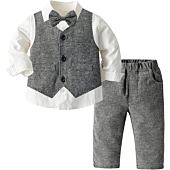 Baby Boys Suit Clothing Set, 4 Piece Formal Outfit for Boys of Vest, Pants, Shirt and Bow Tie, Grey, 2-3T = Tag 110
