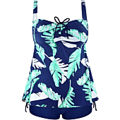 Hilor Swimsuits for Big Busted Women Plus Size Swimwear Tankini Bathing Suits Swim Tank Tops with Boyshorts Blue&Green Leaves 20