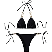 SheIn Women's 2 Pieces Swimsuit Ring Halter Top and Tie Side Thong Bikini Set Rhinestone Swimwear Set