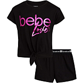 bebe Girls' Shorts Set - 2 Piece Short Sleeve Performance T-Shirt and Shorts (Size: 4-12), Size 7/8, Black/Love