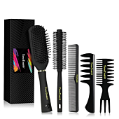 Timetinkle Styling Hair Comb and Brush Set for Men, Men’s Hair Comb and Paddle Brush Roller Round Hair Brush for Quiff, Pompadour, Slicked-back, Fauxhawk