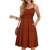 CHARMYI Spaghetti Strap Dresses for Women Casual Summer Dress for Women Ruched Midi Dress for Women with Pockets Sundresses Swing A Line Pleated Sexy Sleeveless Sundress Floral Brown XL
