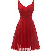 Dressever Summer Cocktail Dress V-Neck Adjustable Spaghetti Strap Chiffon Sundress with Pockets Red S