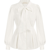 Belle Poque Women's Long Sleeves Bow Tie Neck Ruffle Hem Blouses Waist Wrap Peplum Dressy Shirt Vintage Tops for Women 1950s, White