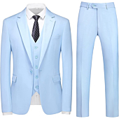 MOGU Mens 3 Piece Slim Fit Suit One Button Tuxedo Jacket Groomsmen Prom Formal Wedding Dress Blazer 38/ Pants 34 Light Blue