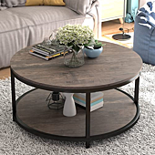 NSdirect 36 inch Round Coffee Table,Coffee Table for Living Room,2-Tier Rustic Wood Desktop & Sturdy Metal Legs Table Modern Design Home Furniture with Storage Shelf (Light Walnut)