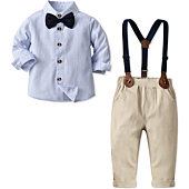 Baby Boys' Dress Clothes, Toddlers Tuxedo Outfit, Long Sleeves Vertical Stripe Button Down Shirt with Bow Tie + Suspender Pants Set Suit, W02 Blue, Tag 60 = 3 - 9 Months