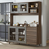 ECACAD Freestanding Kitchen Pantry Storage Cabinet with Glass Doors, Shelves & Drawers, Modern Sideboard Buffet Cabinet, Wood Kitchen Cupboard with Hutch and Hooks, Dark Brown