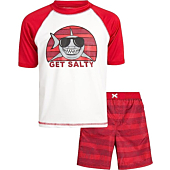 iXtreme Boys' Rash Guard Set - 2 Piece UPF 50+ Quick Dry Swim Shirt and Bathing Suit (12M-18), Size 2T, Red/White Shark