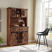 OKD Farmhouse Bar Cabinet with Sliding Barn Door, Kitchen Hutch Storage Cabinet w/Wine and Glass Rack, Drawers, Adjustable Shelves, Sideboard Buffet Pantry for Dining Room (Reclaimed Barnwood)