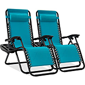 Best Choice Products Set of 2 Adjustable Steel Mesh Zero Gravity Lounge Chair Recliners w/Pillows and Cup Holder Trays - Peacock Blue