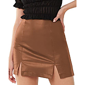 MANGOPOP Women's Basic High Waist Faux Leather Bodycon Mini Pencil Skirt (Brown(Splits), X-Small)