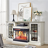 AMERLIFE 3-Sided Glass Fireplace TV Stand for TVs up to 65'', Media Entertainment Center Console Table with Door Closed Storage, Distressed White