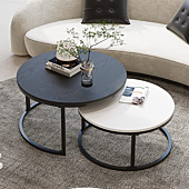 WiberWi Round Coffee Table, Nesting Tables Set of 2, Large : Ø 34.0", Small : Ø 26.0", Modern Design Furniture Side End Table for Living Room, Metal Frame Sofa Table Cocktail Table, Black & White