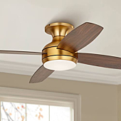 Casa Vieja 52" Elite Modern Hugger Low Profile Indoor Ceiling Fan with Light LED Remote Control Soft Brass Walnut Brown Opal Glass for House Bedroom Living Room Home Kitchen Dining Office