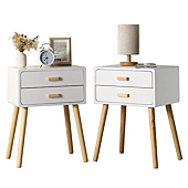 Set of 2 Nightstand End Table, Mid-Century Modern Wood Storage Bedside Table with 2 Drawers, Boho Nightstand Furniture Suitable for Bedroom(White)
