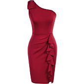 Womens One Shoulder Midi Pencil Dress for Women Formal Ruched Bodycon Dress Wine Red XL