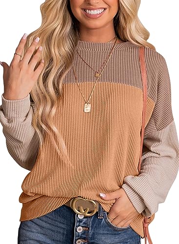 Dokotoo Womens Pullover Shirts Ladies Crewneck Long Sleeve Colorblock Tunics Blouses Spring Summer Casual Loose Jumper Tops Fall Fashion Knitted Tops Resort Wear for Women 2024 Khaki Medium