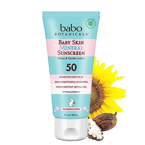 Babo Botanicals Baby Skin Mineral Sunscreen Lotion SPF 50 Broad Spectrum - with 100% Zinc Oxide Active – Fragrance-Free, Water-Resistant, Ultra-Sheer & Lightweight - 3 fl. oz.