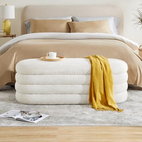 Busaurus Storage Ottoman Bench 49.2 Inch Upholstered Fabric Storage Bench for Bedroom End of Bed Aesthetic Large Oval Storage Ottoman for Living Room Entryway (Ivory)
