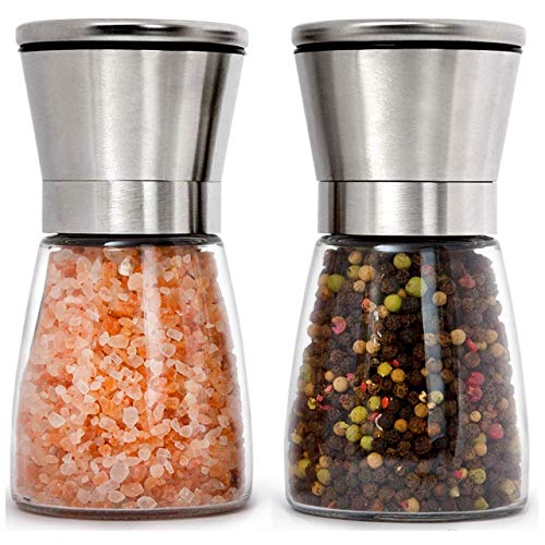 HOME EC Premium Stainless Steel Salt and Pepper Grinder Set of 2 - Adjustable Ceramic Sea Salt Grinder & Pepper Grinder - Glass Salt and Pepper Shakers - Pepper Mill & Salt Mill W/Funnel & EBook