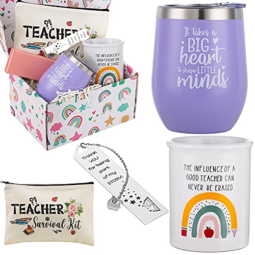 Teacher Appreciation Gift Sets - Teacher Gifts Basket for Women, Back to School Gift, Christmas Gift for Teacher - 12oz Wine Tumbler, Teacher Bookmarks, Ceramic Pen Holder, Teacher Pouch Bag, Purple