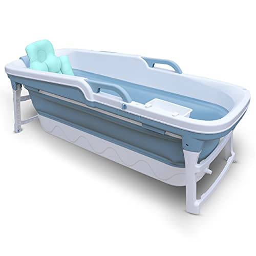 Oasïs OASIS Portable Bathtub For Adults and Children | 59 INCH | Foldable Bathtub With Temperature Maintenance | Body Bath Pillow Included | Non-Slip Plastic Blue Collapsible Bathtub For Easy Storage