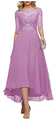Kajumi 3/4 Sleeves Mother of The Bride Dresses for Women Lilac Tea Length Lace Prom Dresses for Women Long Size 14
