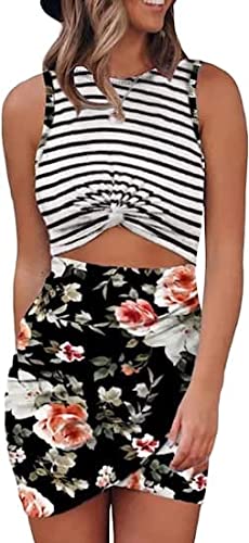 Acelitt Sun Dresses for Women Striped Twist Sleeveless Mini Dress Hollow Out Floral Printed Bodycon Mexico Vacation Clothes Above Knee Length Black XS
