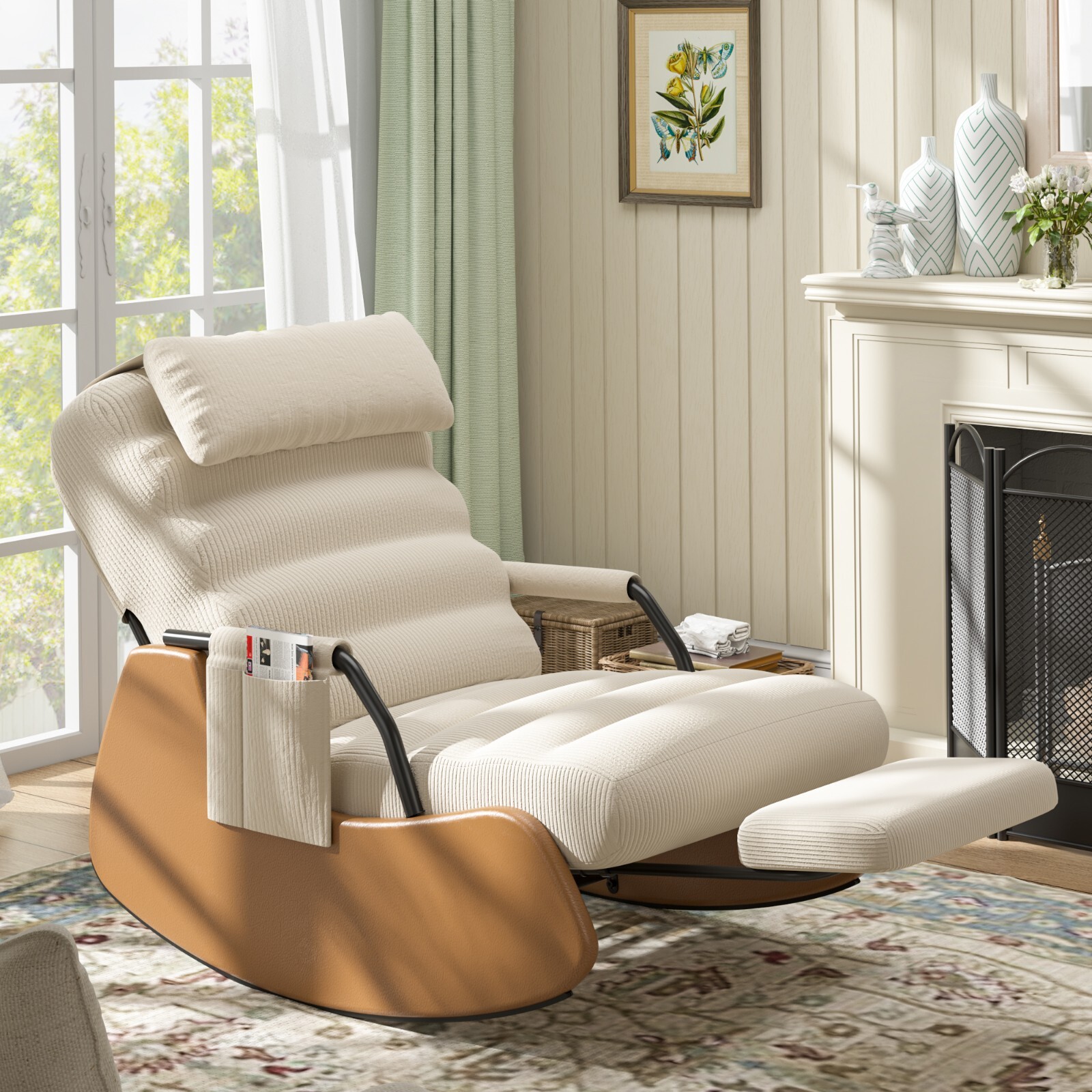 Rocking Chair,Nursery Rocking Chairs with Soft Seat and Headrest Corduroy Fabric