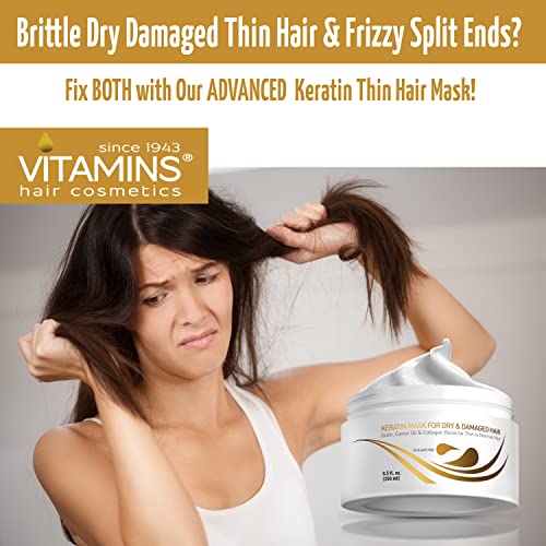 Vitamins Keratin Hair Mask Deep Conditioner - Biotin Protein with Castor Oil Repair for Dry Damaged and Color Treated Hair - Conditioning Treatment for Curly or Straight Thin Fine Hair