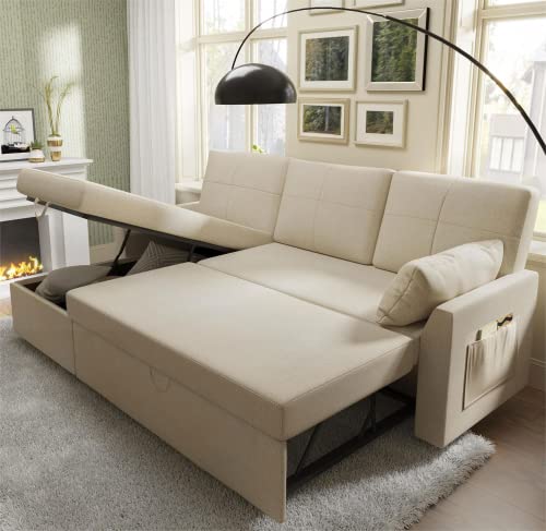 PaPaJet Sofa Bed, Sleeper with Storage Chaise-2 in 1 Pull Out Couch Bed for Living Room, Sectional Beige 84in x 59in x 39in