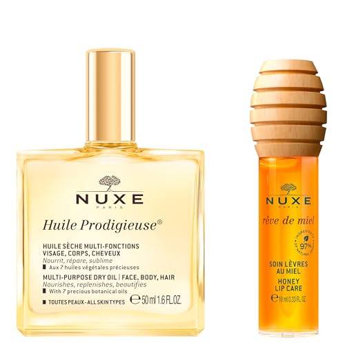 Nuxe Huile Prodigieuse Dry Oil (1.6 Fl Oz) & Rêve de Miel Honey Lip Oil (0.33 Fl Oz), French Skincare Duo for Nourished Face, Body, Hair & Lips