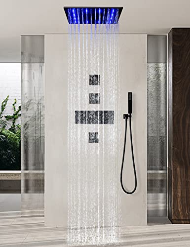 LED Modern Rain Shower System,Shower Body Spray System,Bathroom Full Shower Set,Massage Shower Set,Multifunctional Thermostatic Shower Valve And Hand Shower And Body Nozzle (black)