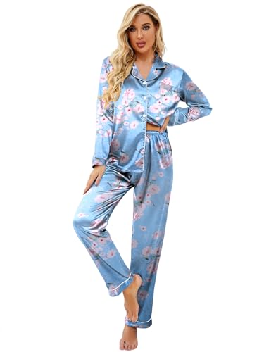 Ekouaer Women's Classic Button Down Long Satin Silk Pajama Set,Large,Blue Floral