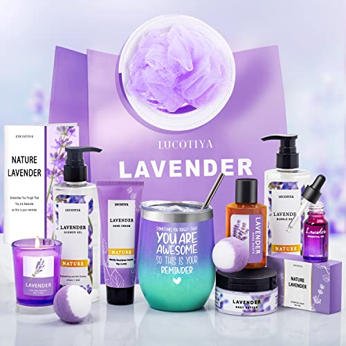 Spa Gifts for Women,Birthday Gifts for Women,Purple Gifts for Women,Gifts for Her Girlfriend Mom Sister,Care Package Gift Set,14Pcs Lavender Scent Home Spa Relaxing Gift Box Basket with Wine Tumbler