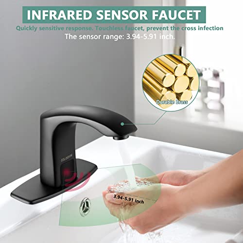 CDLODIN Matte Black Touchless Bathroom Faucet, Automatic Sensor Faucet for Sink 1 Hole, Modern Brass Sink Faucet, Single Hole Bathroom Faucet, Hands Free Lavatory Faucet with Hole Cover Plate
