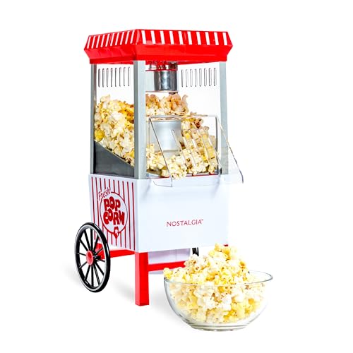 Nostalgia Vintage Hot-Air Popcorn Maker Machine - Makes Up to 12 Cups - Oil-Free - Healthier Popcorn - Classic Stand-Up Cart With Wheels - Includes Kernel Measuring Cup - White & Red