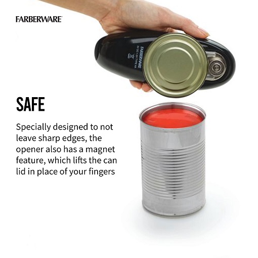 Close-up of the Farberware Can Opener smoothly cutting around a can's lid. Alt text: Seamless cutting for smooth edges, every time