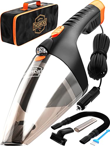 ThisWorx Car Vacuum Cleaner - LED Light, Portable, High Power Handheld Vacuums w/ 3 Attachments, 16 Ft Cord & Bag - 12v, Auto Accessories Kit for Interior Detailing - Black