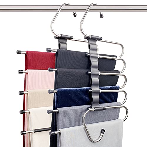 FeeraHozer Magic Pants Hangers Space Saving - 2 Pack for Closet Multiple Layers Multifunctional Uses Rack Organizer for Trousers Scarves Slack (2 Pack with 10 Metal Clips)