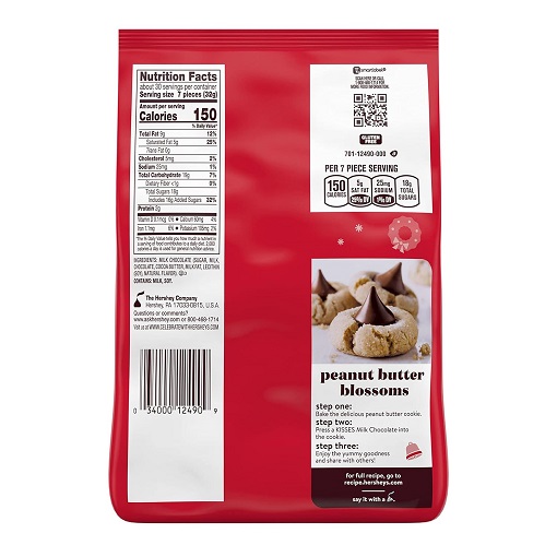 A bag of individually wrapped Hershey's Kisses milk chocolate candies in festive red, green, and silver foils