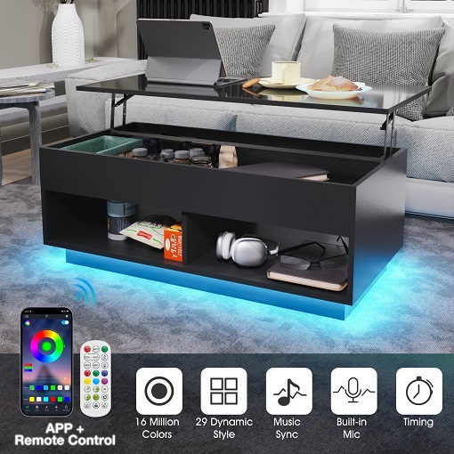Hommpa Lift Top Coffee Table with lid raised, showcasing hidden compartment