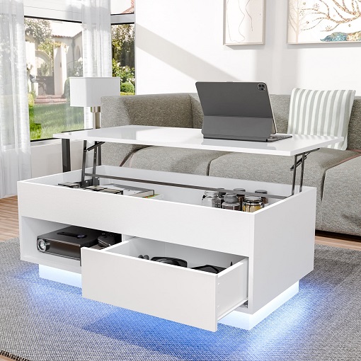 Coffee table with LED lights illuminated, creating a modern ambiance